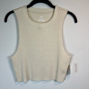 Aerie Ribbed Raw Edge Crop Tank Top Cream Sleeveless Shirt Neutral NEW  Sz Large